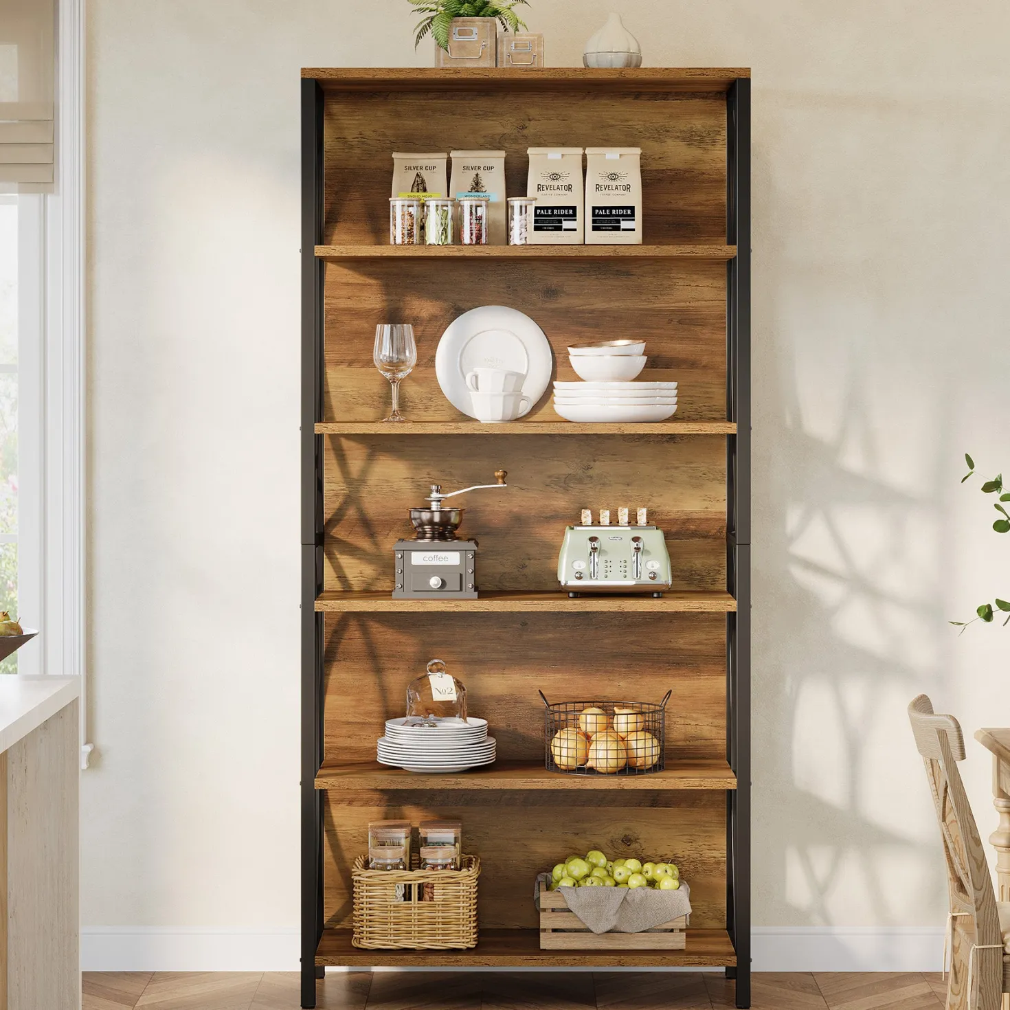 6-Tier Bookshelf, 70.87" Industrial Bookcase with Geometric Metal Frame
