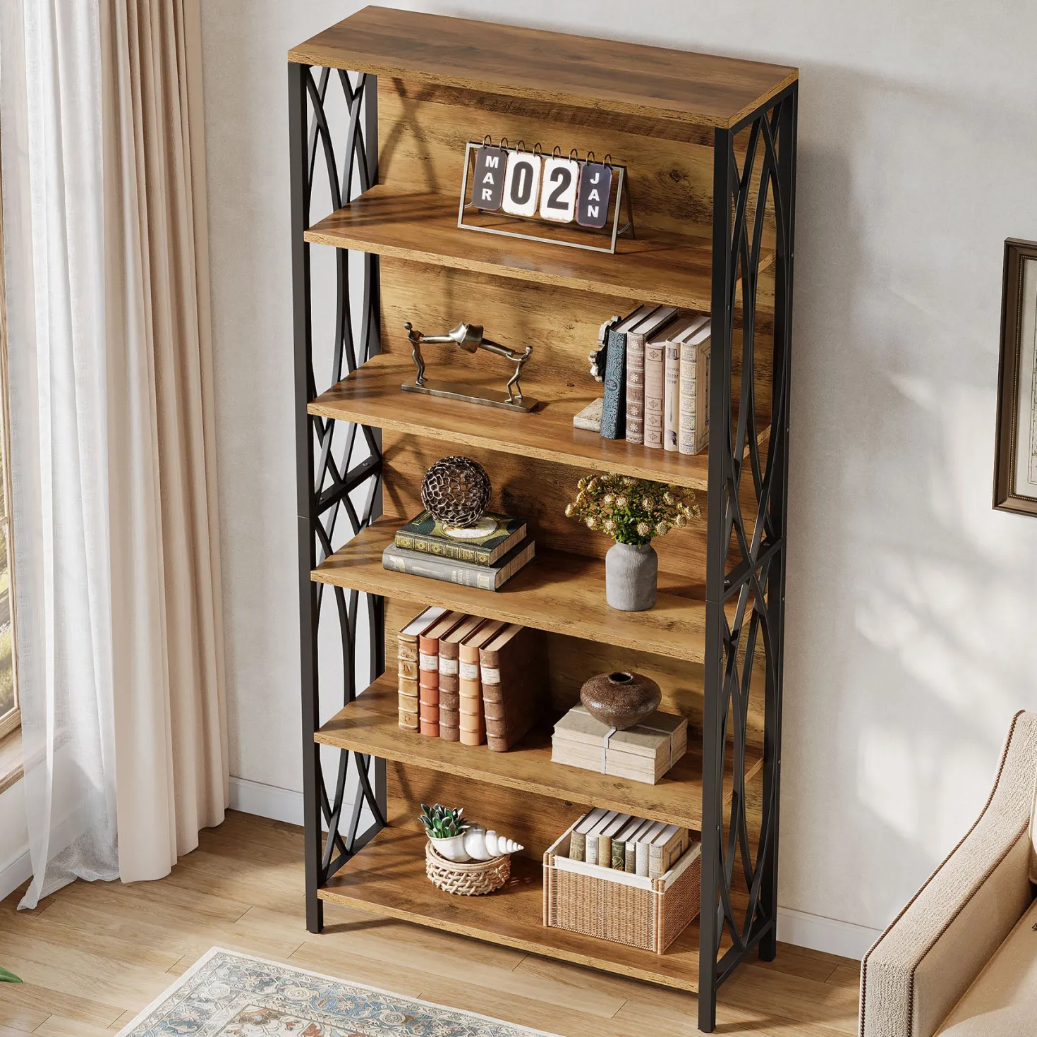 6-Tier Bookshelf, 70.87" Industrial Bookcase with Geometric Metal Frame