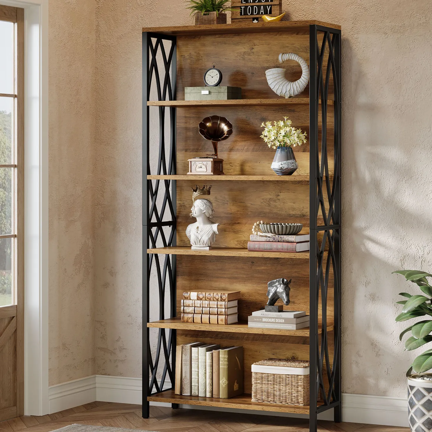 6-Tier Bookshelf, 70.87" Industrial Bookcase with Geometric Metal Frame