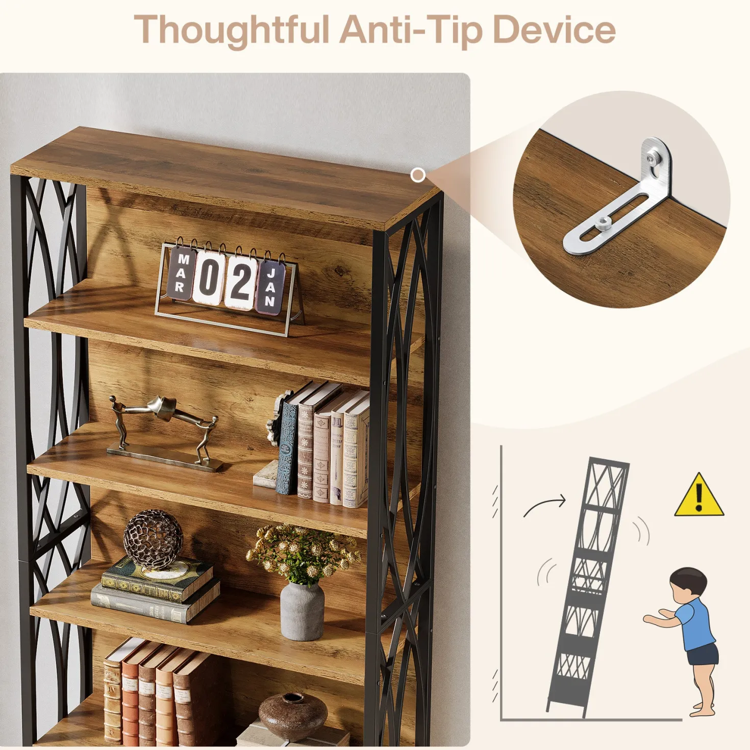 6-Tier Bookshelf, 70.87" Industrial Bookcase with Geometric Metal Frame