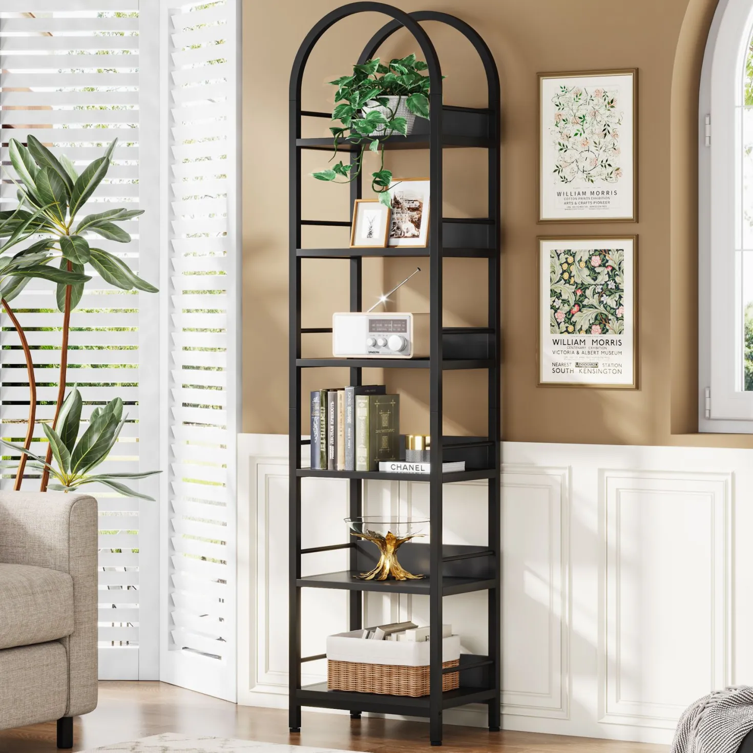 6-Tier Bookshelf, 78.7" Narrow Bookcase Arched Display Shelf