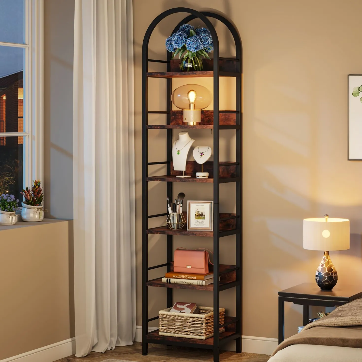 6-Tier Bookshelf, 78.7" Narrow Bookcase Arched Display Shelf