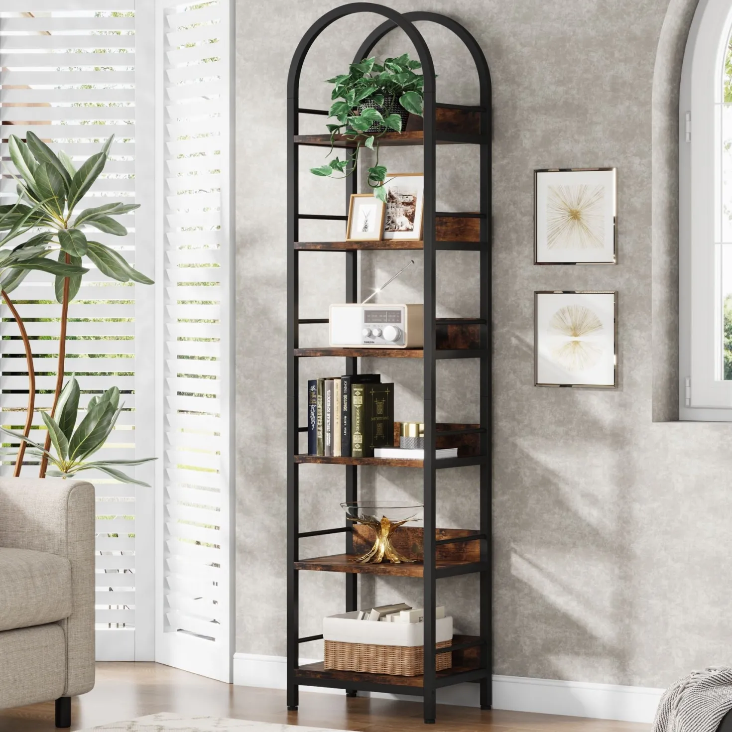 6-Tier Bookshelf, 78.7" Narrow Bookcase Arched Display Shelf