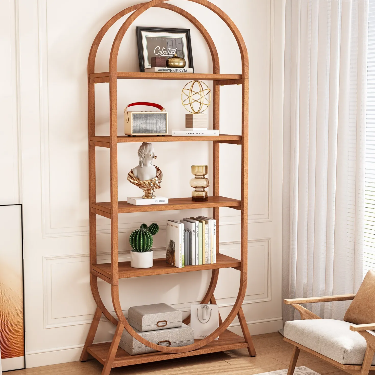 5-Tier Bookshelf, 70.8" Open Bookcase Arched Display Rack
