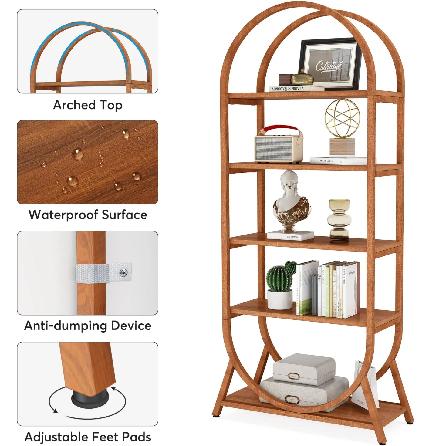 5-Tier Bookshelf, 70.8" Open Bookcase Arched Display Rack