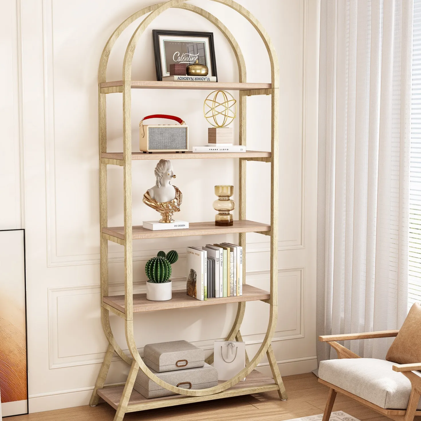 5-Tier Bookshelf, 70.8" Open Bookcase Arched Display Rack