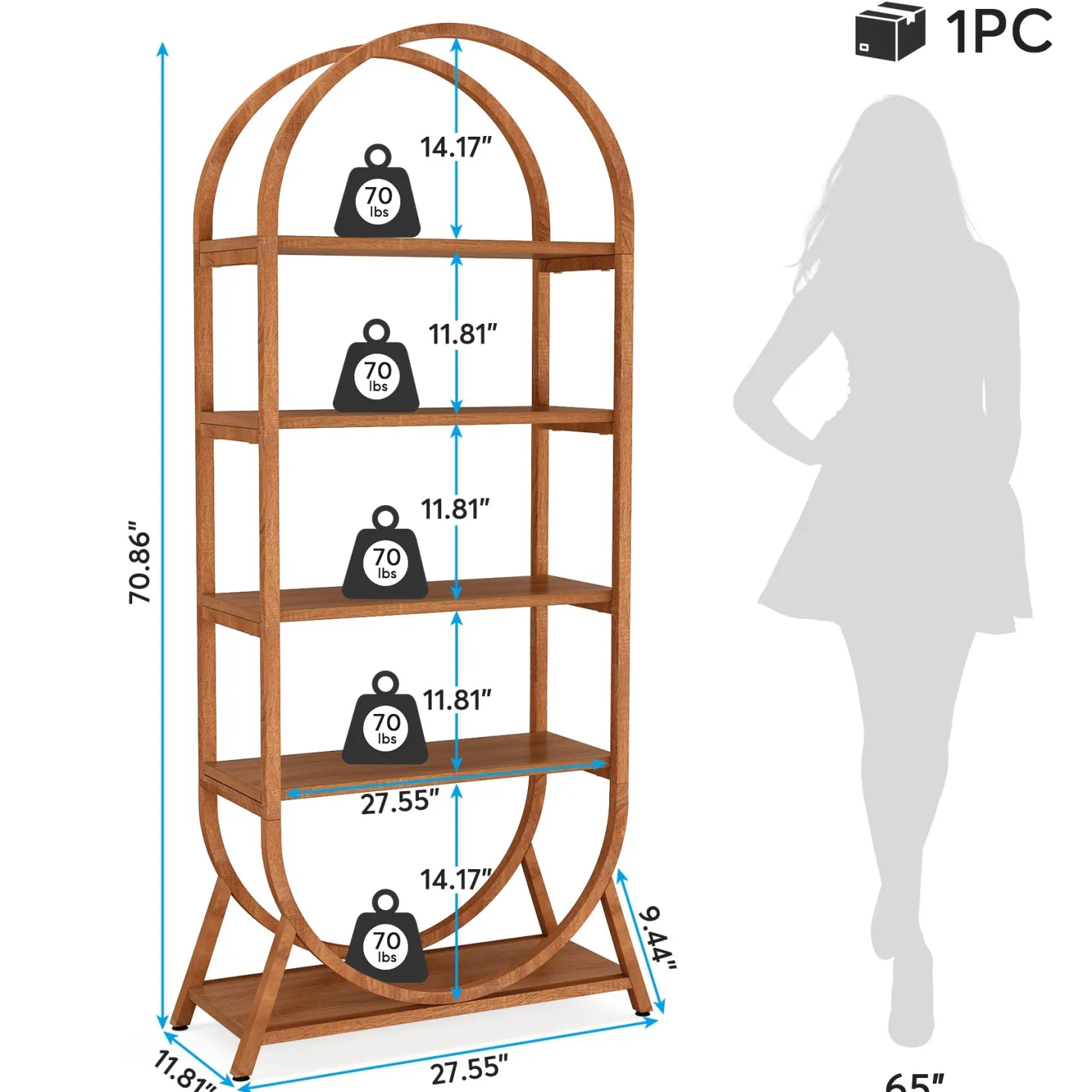 5-Tier Bookshelf, 70.8" Open Bookcase Arched Display Rack