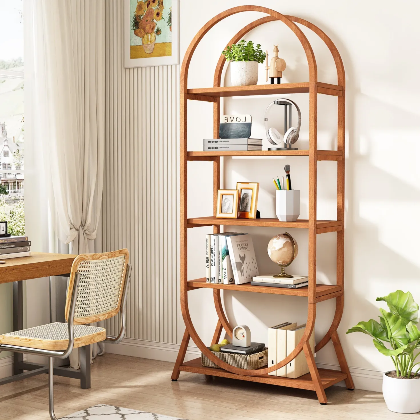 5-Tier Bookshelf, 70.8" Open Bookcase Arched Display Rack