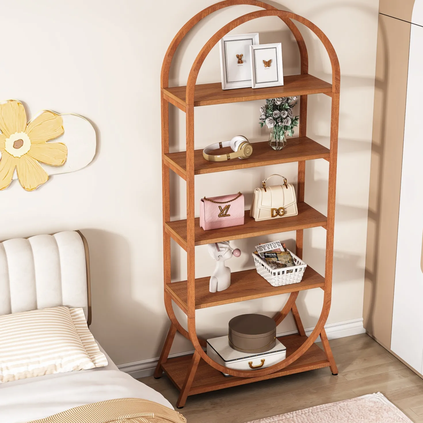 5-Tier Bookshelf, 70.8" Open Bookcase Arched Display Rack
