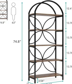 5-Tier Bookshelf, 75" Tall Arched Bookcase Display Rack