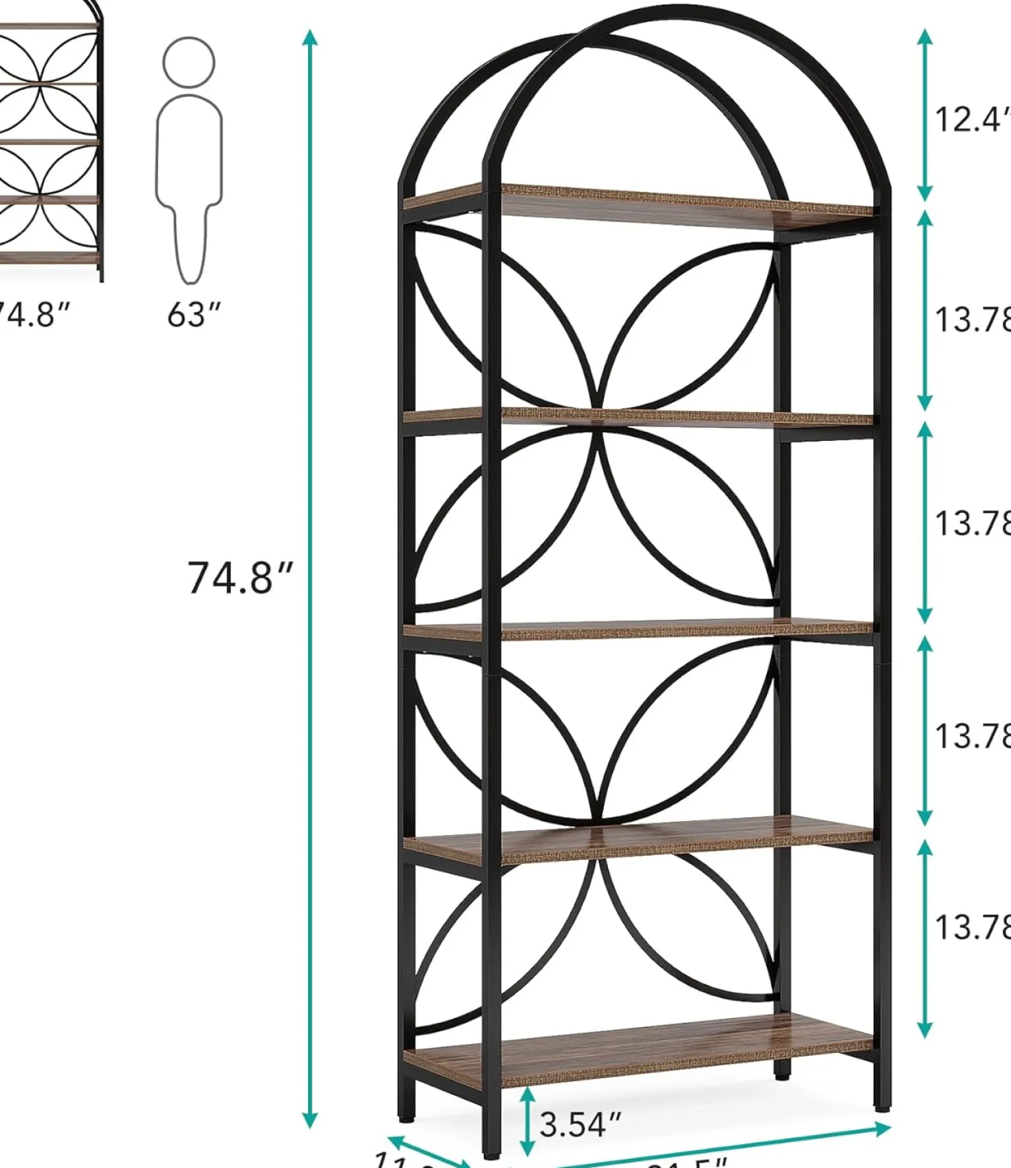5-Tier Bookshelf, 75" Tall Arched Bookcase Display Rack