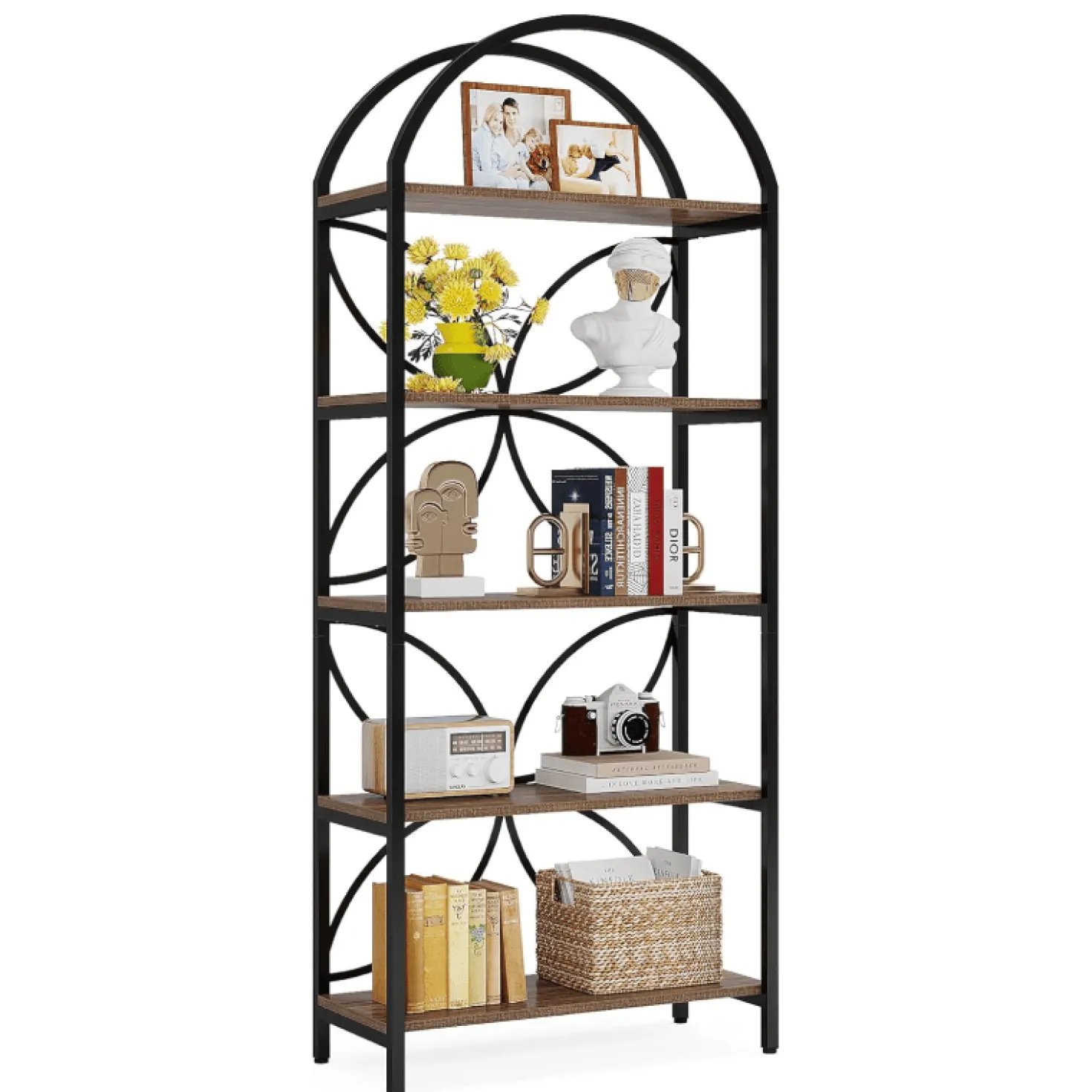 5-Tier Bookshelf, 75" Tall Arched Bookcase Display Rack