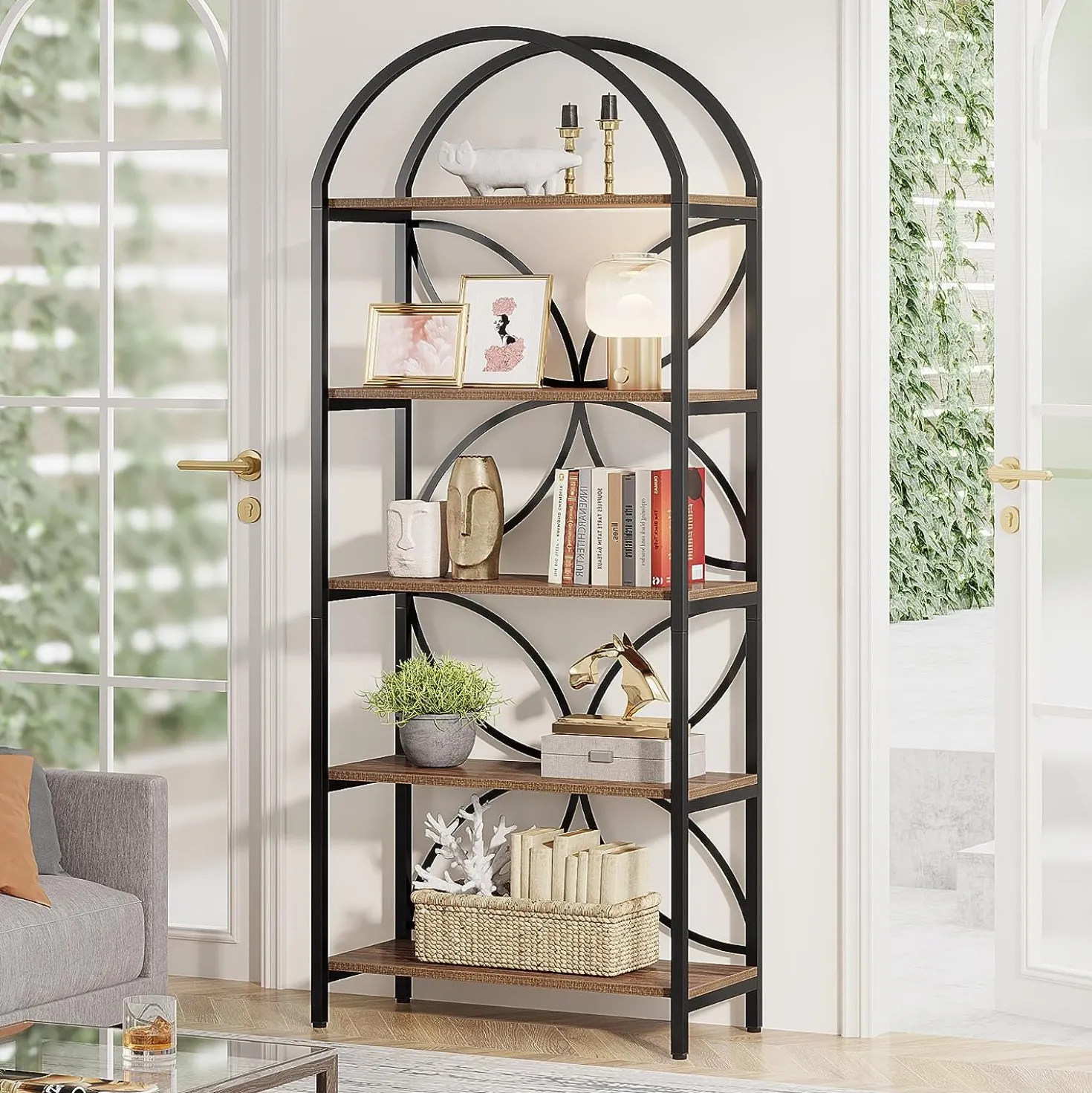5-Tier Bookshelf, 75" Tall Arched Bookcase Display Rack