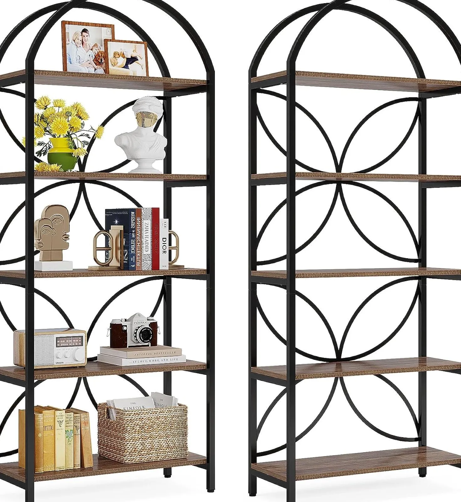 5-Tier Bookshelf, 75" Tall Arched Bookcase Display Rack