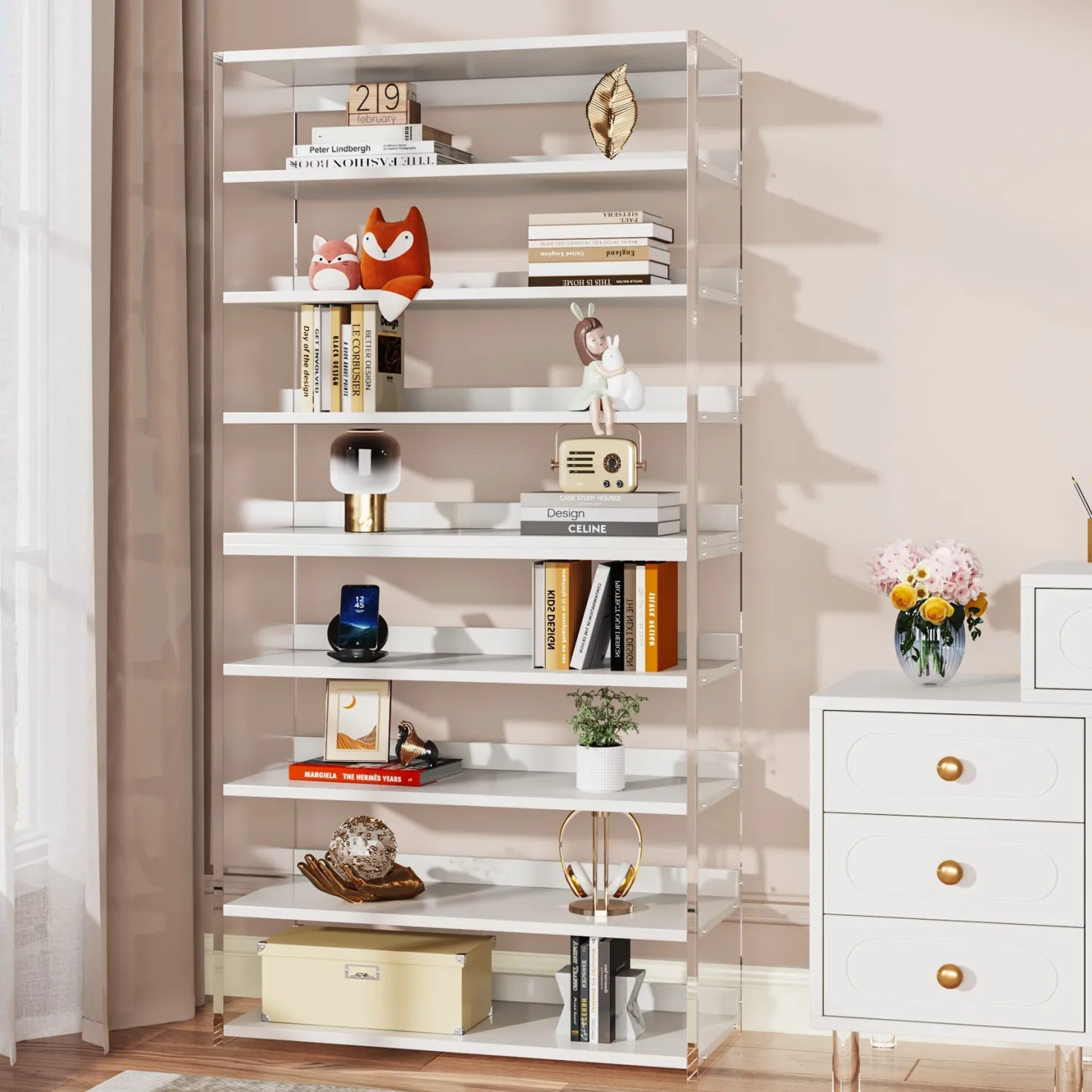 8-Tier Bookshelf, Acrylic Bookcase Storage Display Shelf