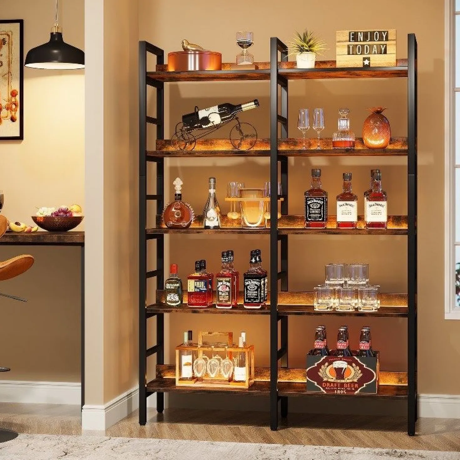 5-Tier Bookshelf, Double Wide Bookcase Storage Shelves Unit