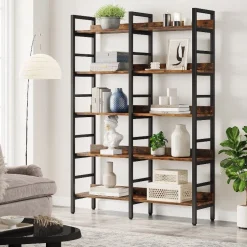 5-Tier Bookshelf, Double Wide Bookcase Storage Shelves Unit