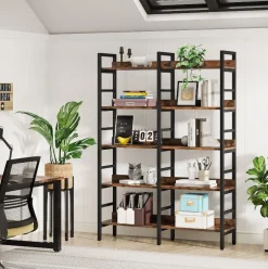 5-Tier Bookshelf, Double Wide Bookcase Storage Shelves Unit