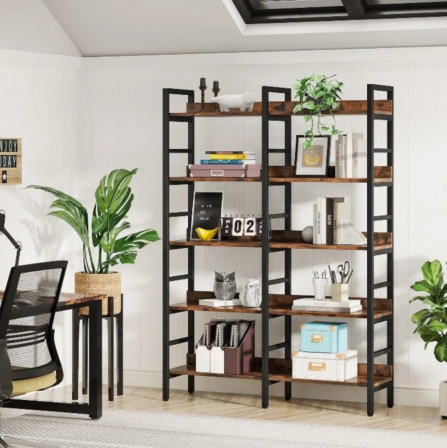 5-Tier Bookshelf, Double Wide Bookcase Storage Shelves Unit