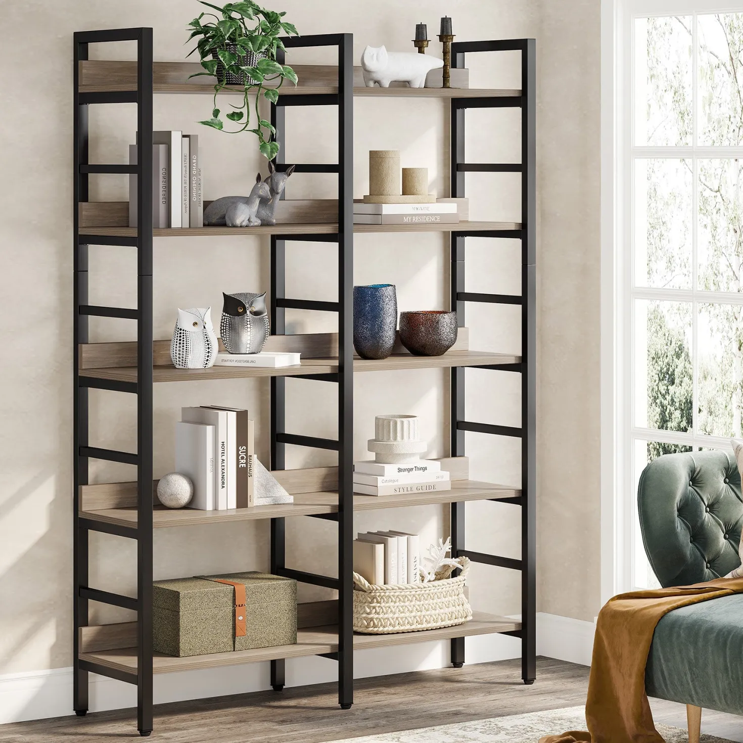5-Tier Bookshelf, Double Wide Bookcase Storage Shelves Unit