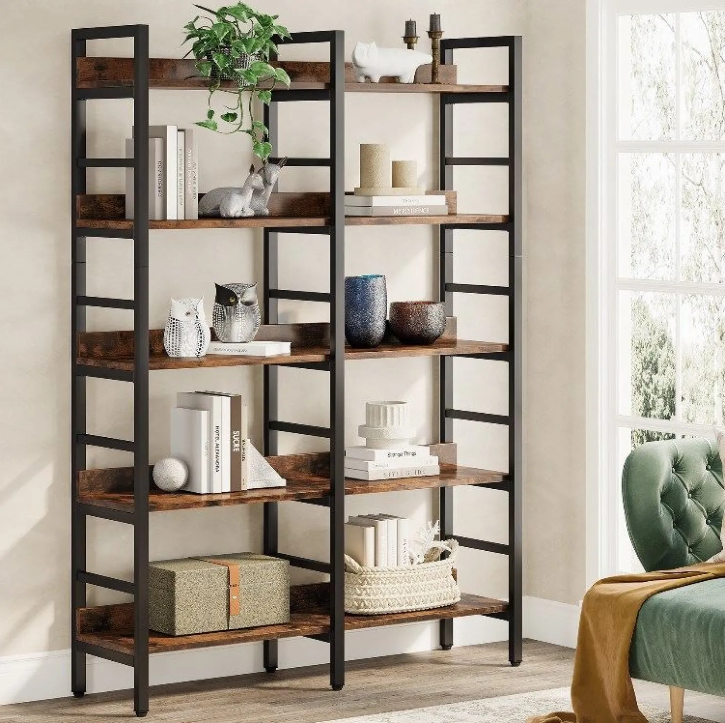 5-Tier Bookshelf, Double Wide Bookcase Storage Shelves Unit