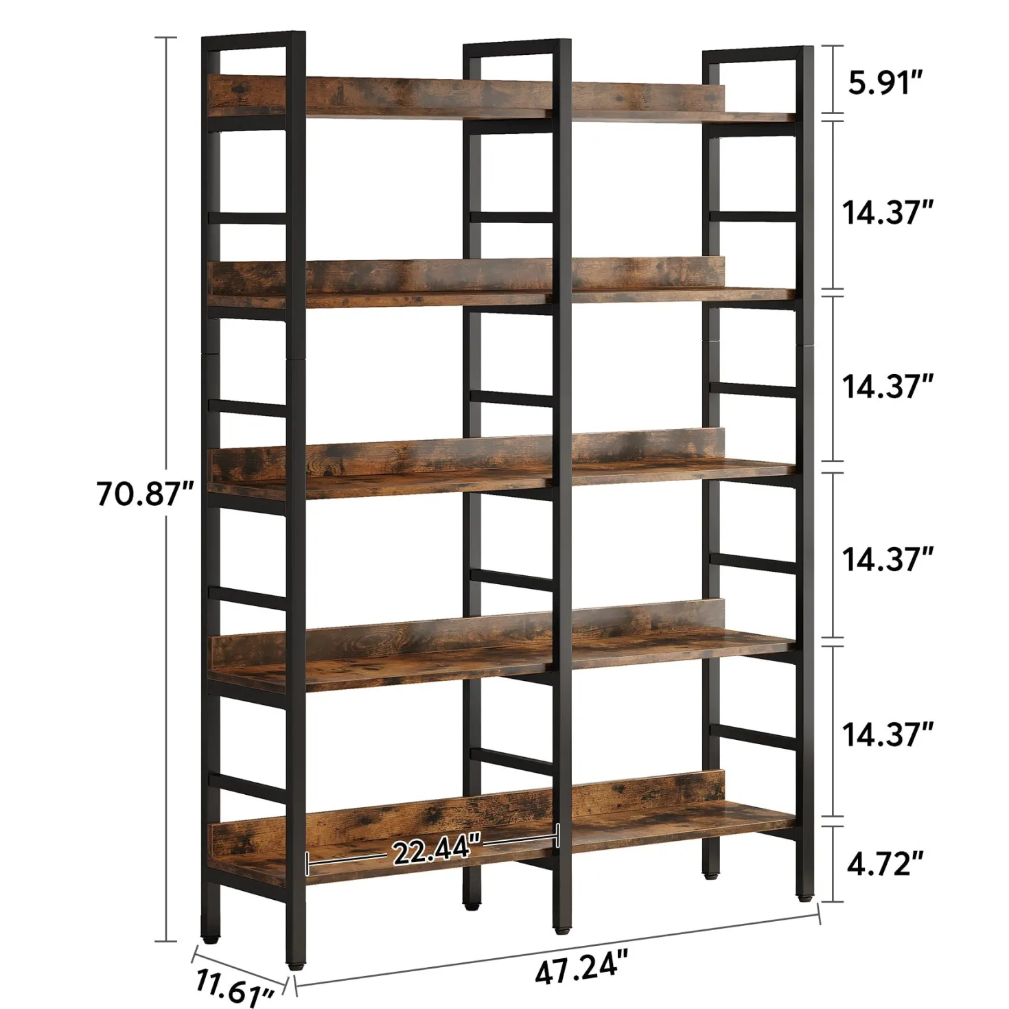 5-Tier Bookshelf, Double Wide Bookcase Storage Shelves Unit