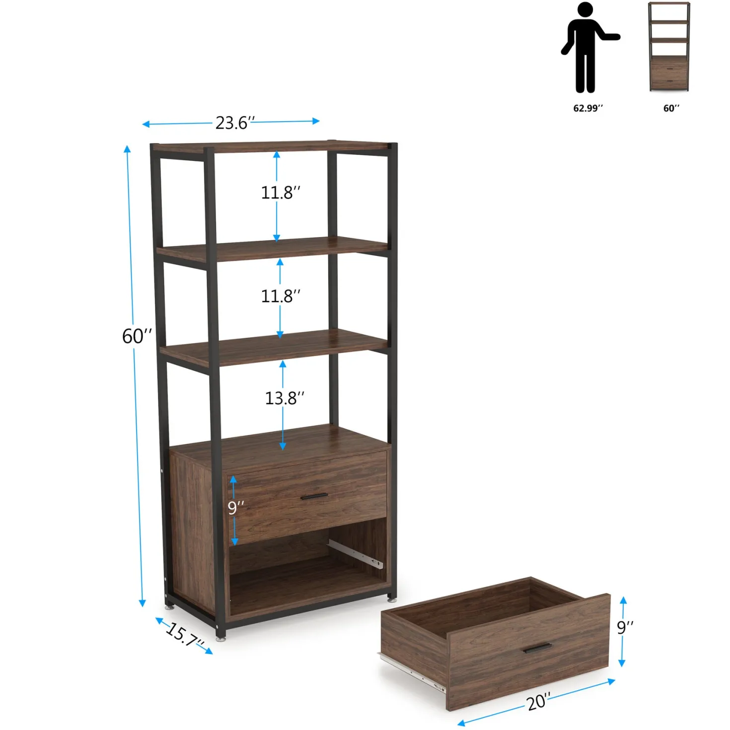 4-Tier Bookshelf Etagere Display Bookcase with 2 Drawers