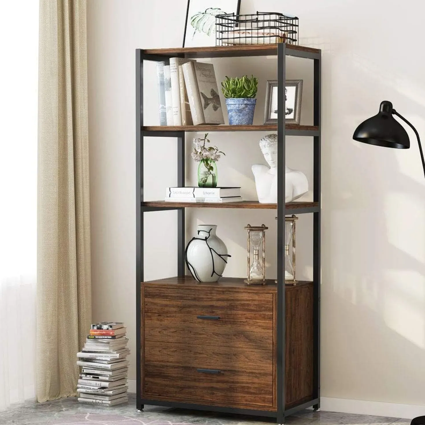 4-Tier Bookshelf Etagere Display Bookcase with 2 Drawers