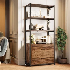 4-Tier Bookshelf Etagere Display Bookcase with 2 Drawers