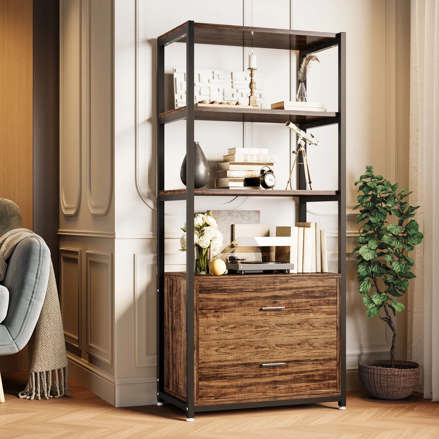 4-Tier Bookshelf Etagere Display Bookcase with 2 Drawers