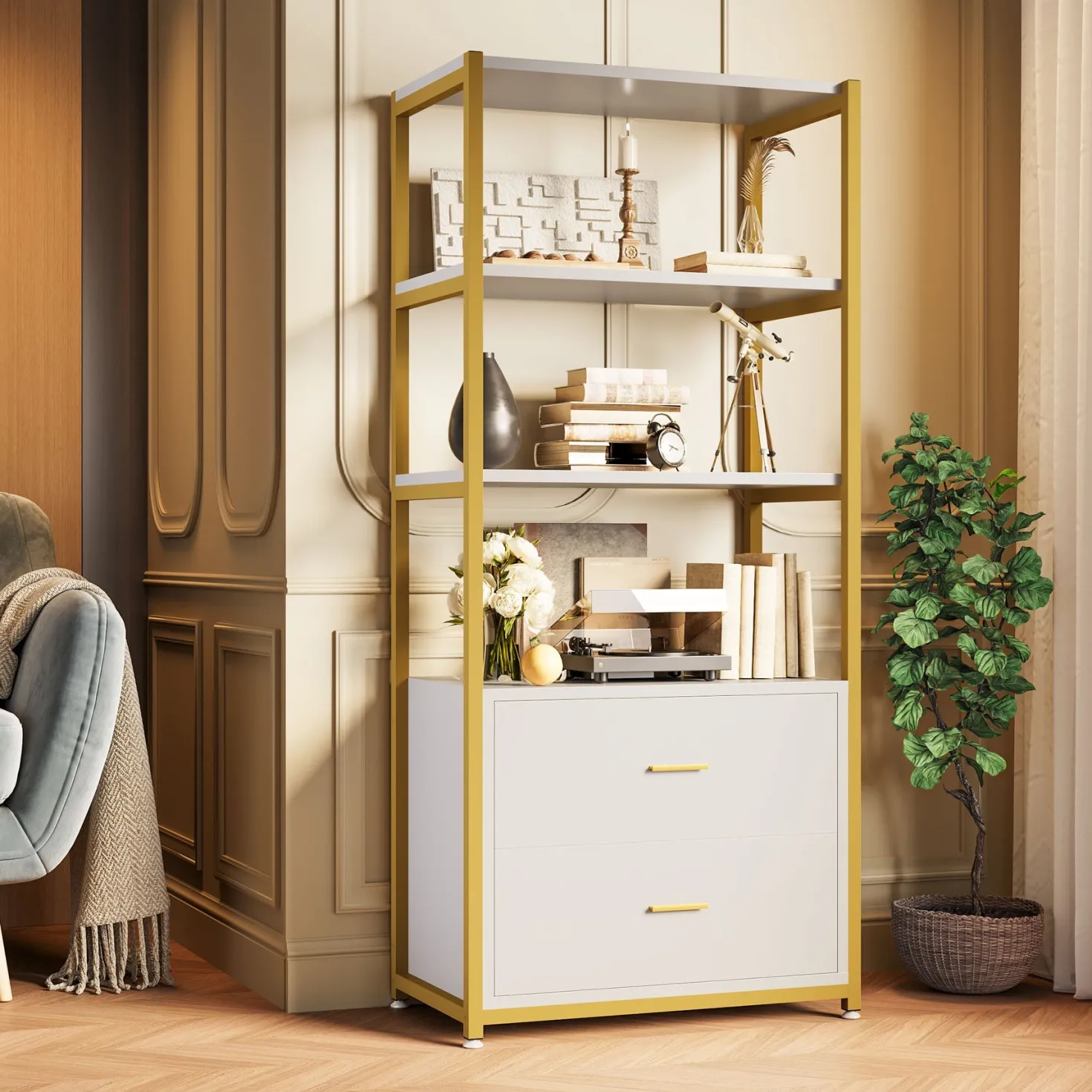 4-Tier Bookshelf Etagere Display Bookcase with 2 Drawers