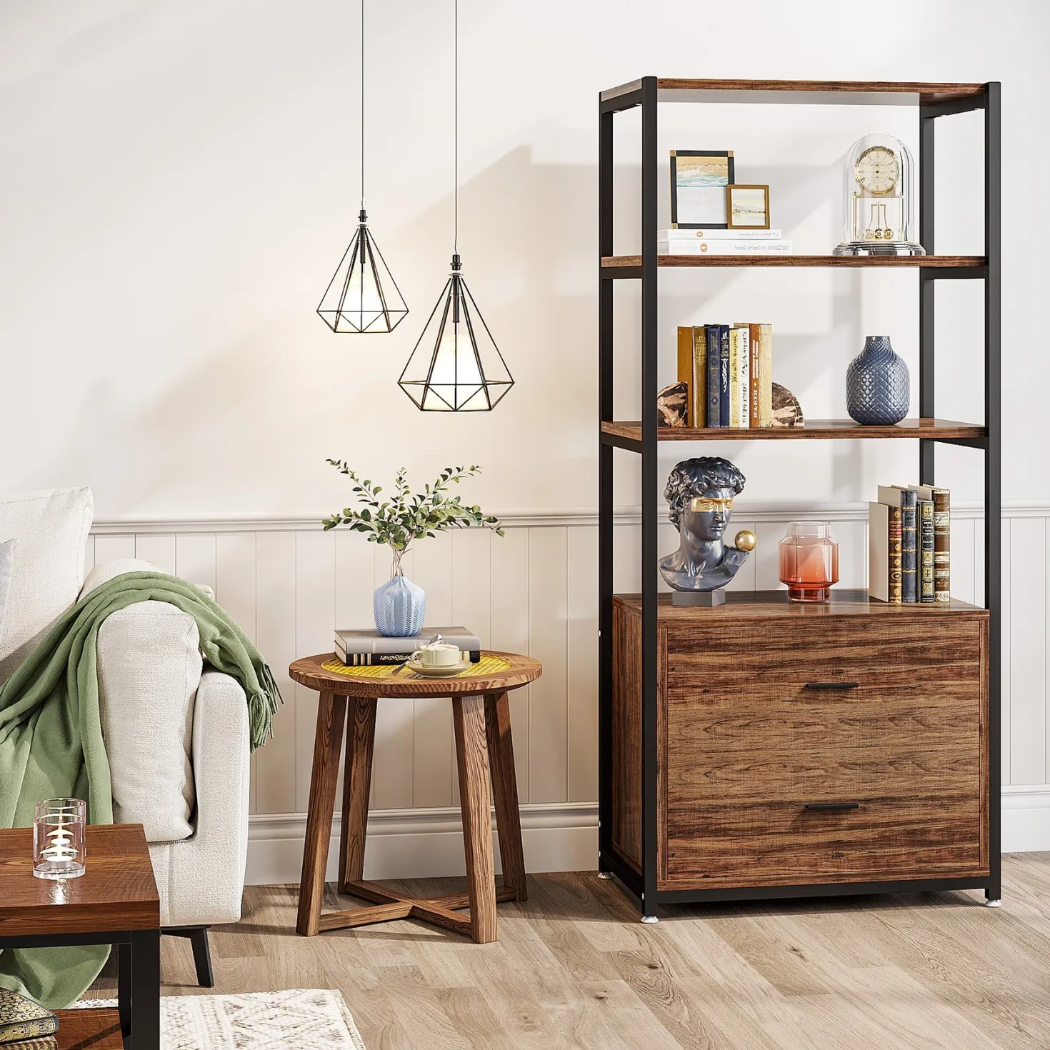 4-Tier Bookshelf Etagere Display Bookcase with 2 Drawers