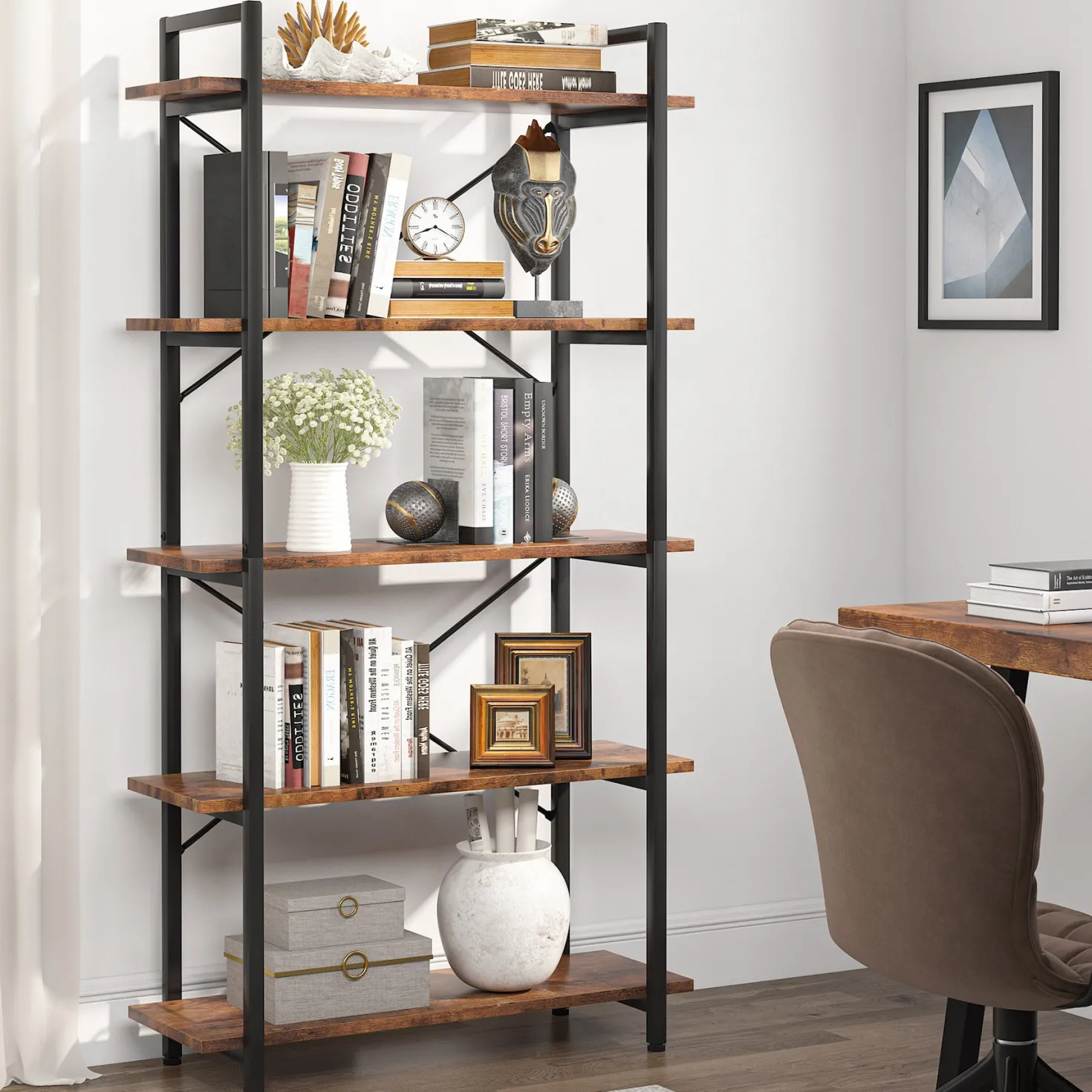 5-Tier Bookshelf, Industrial Etagere Brown Bookcase Display Shelf Unit