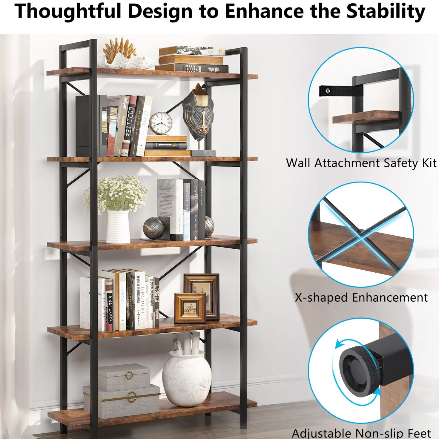 5-Tier Bookshelf, Industrial Etagere Brown Bookcase Display Shelf Unit