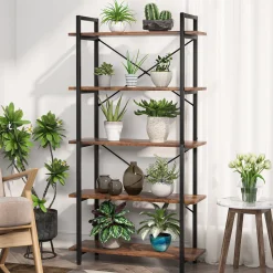 5-Tier Bookshelf, Industrial Etagere Brown Bookcase Display Shelf Unit