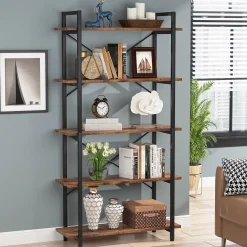 5-Tier Bookshelf, Industrial Etagere Brown Bookcase Display Shelf Unit