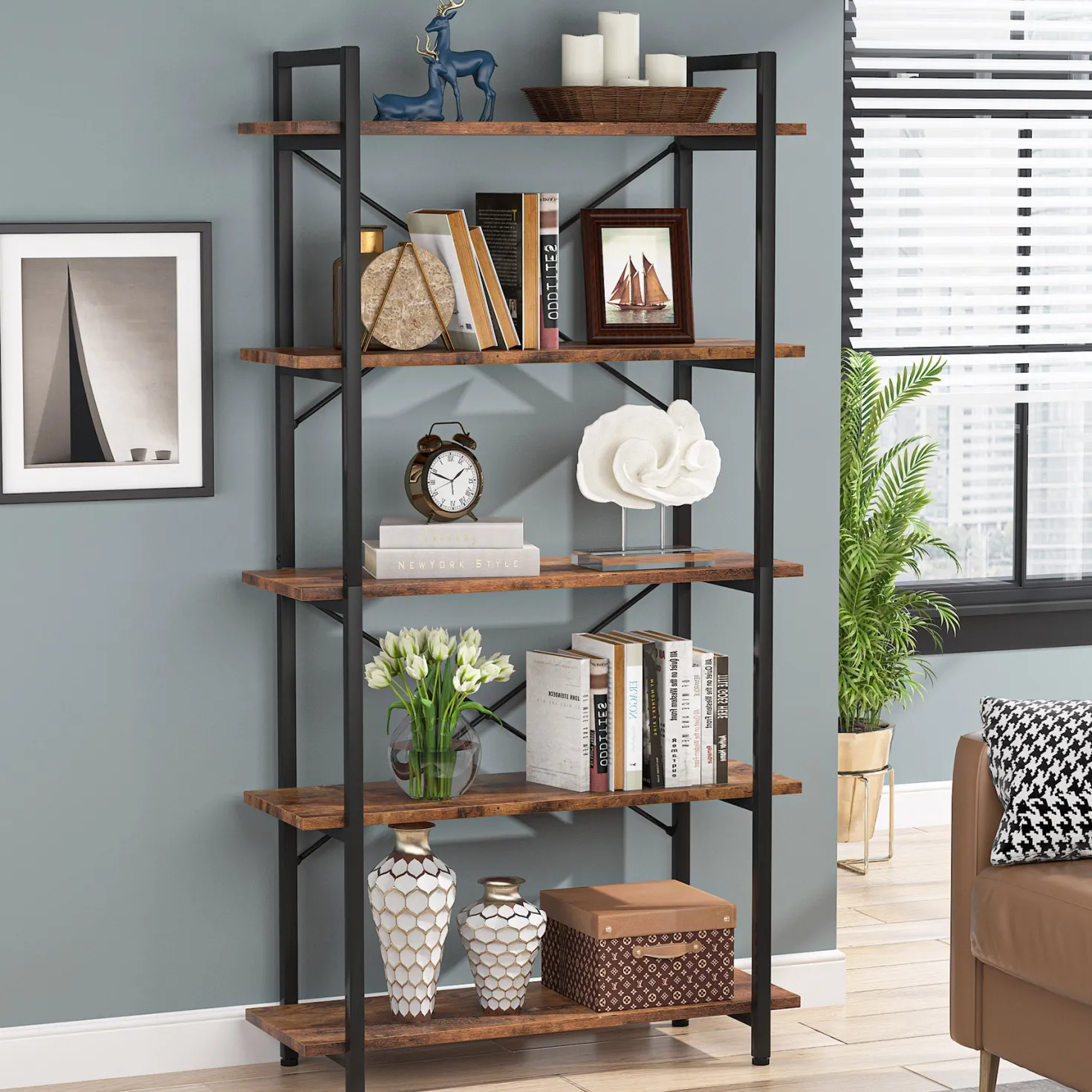 5-Tier Bookshelf, Industrial Etagere Brown Bookcase Display Shelf Unit