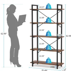5-Tier Bookshelf, Industrial Etagere Brown Bookcase Display Shelf Unit