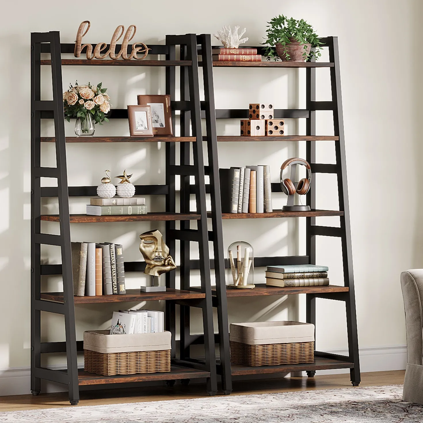 5-Tier Bookshelf, Ladder Bookcase Etagere Storage Shelf