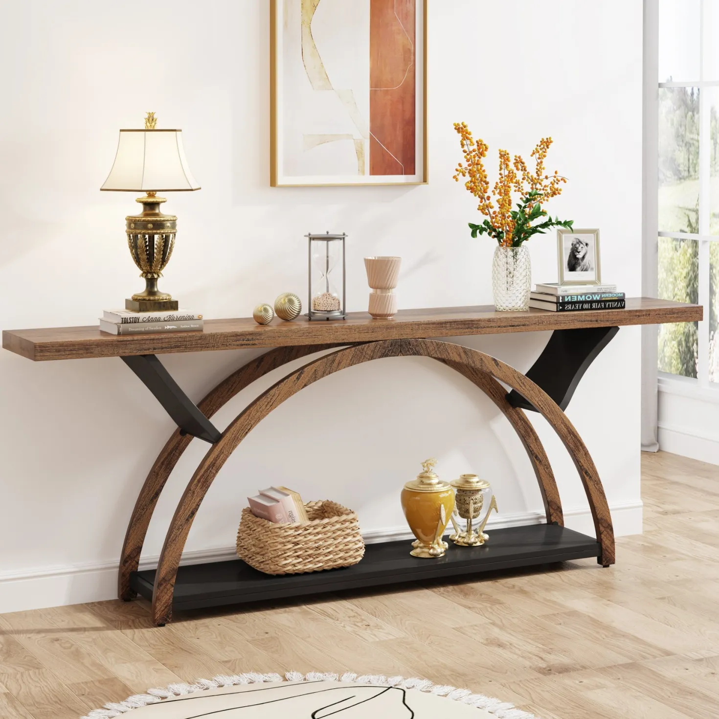 2-Tier Console Table, 70.9" Entryway Table with Half Moon Frame