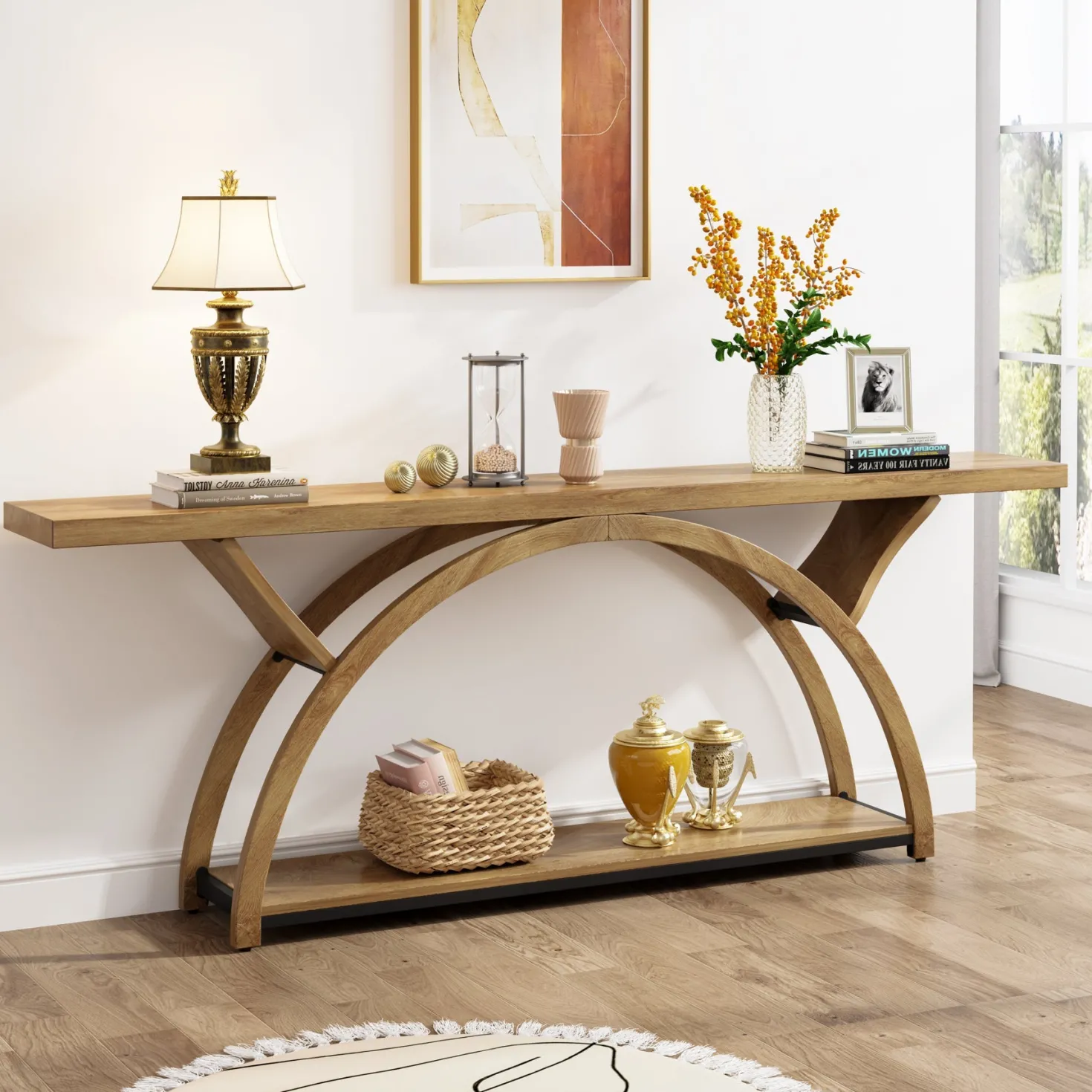 2-Tier Console Table, 70.9" Entryway Table with Half Moon Frame