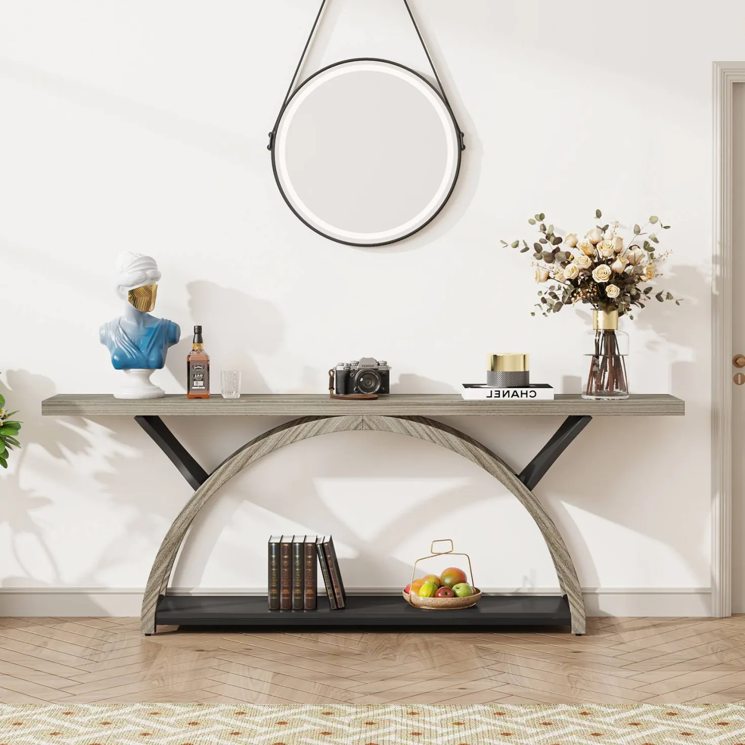 2-Tier Console Table, 70.9" Entryway Table with Half Moon Frame