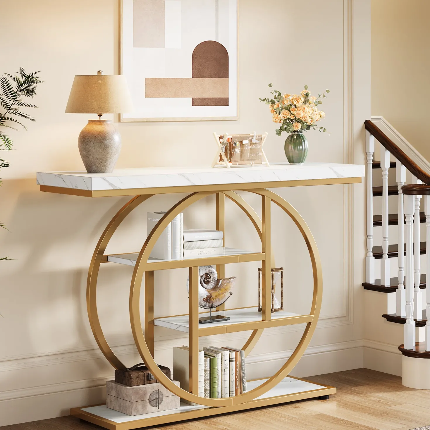 4-Tier Console Table, 41.3" Entryway Sofa Table with Circle Base