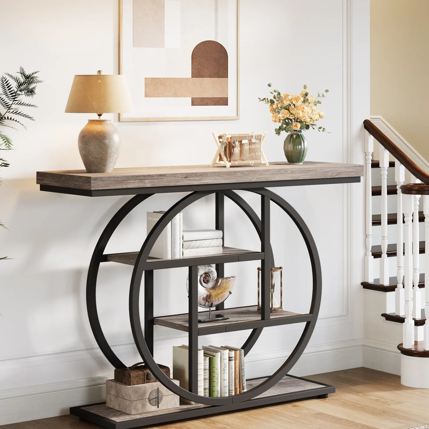 4-Tier Console Table, 41.3" Entryway Sofa Table with Circle Base