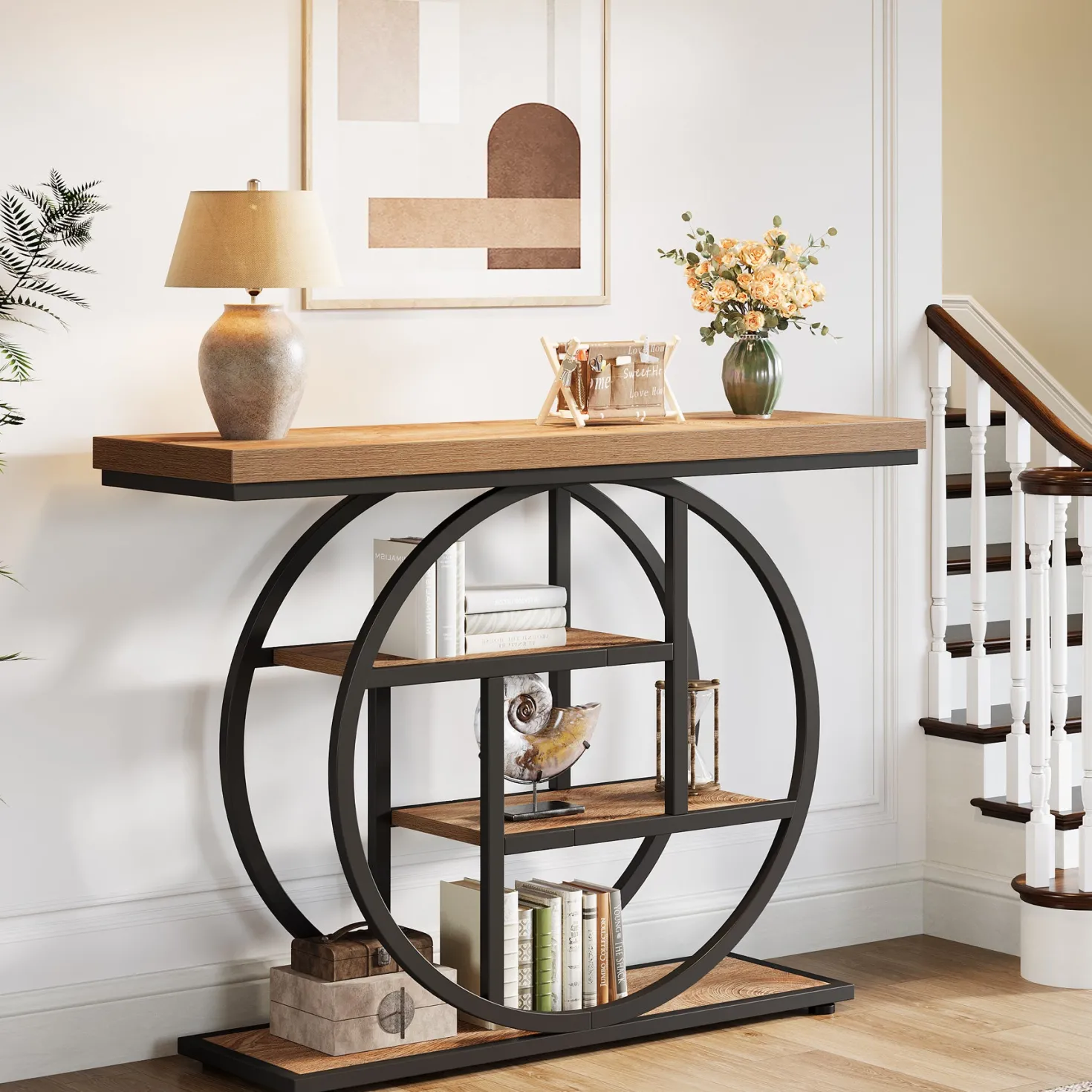 4-Tier Console Table, 41.3" Entryway Sofa Table with Circle Base