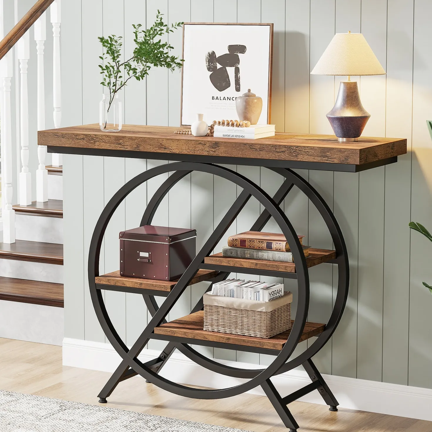 4-Tier Console Table, 39.4" Entryway Table with Geometric Metal Frame