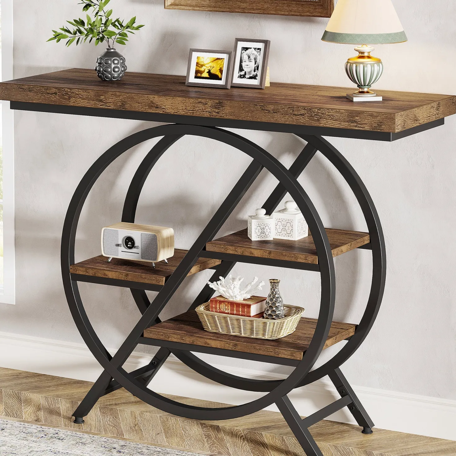 4-Tier Console Table, 39.4" Entryway Table with Geometric Metal Frame