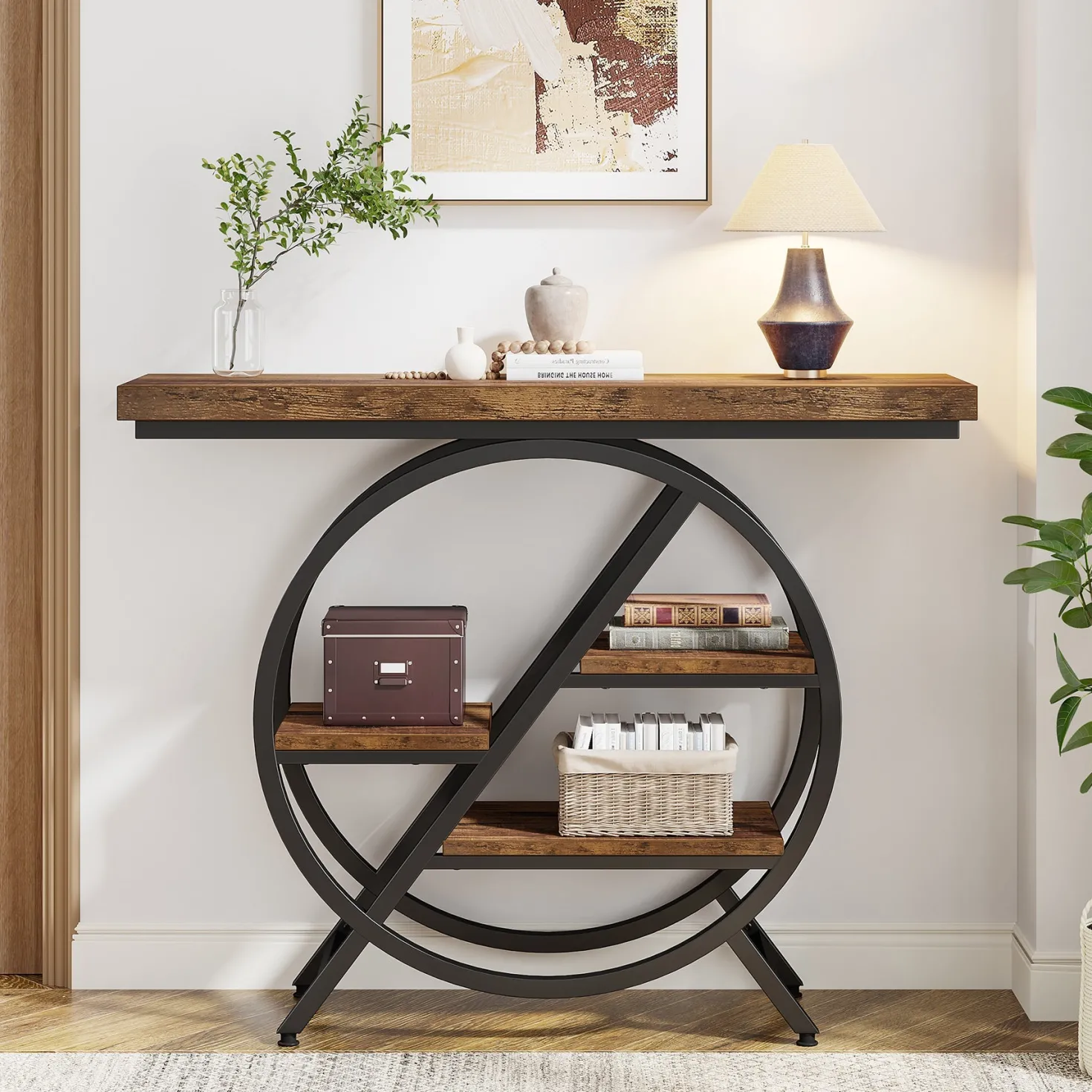 4-Tier Console Table, 39.4" Entryway Table with Geometric Metal Frame
