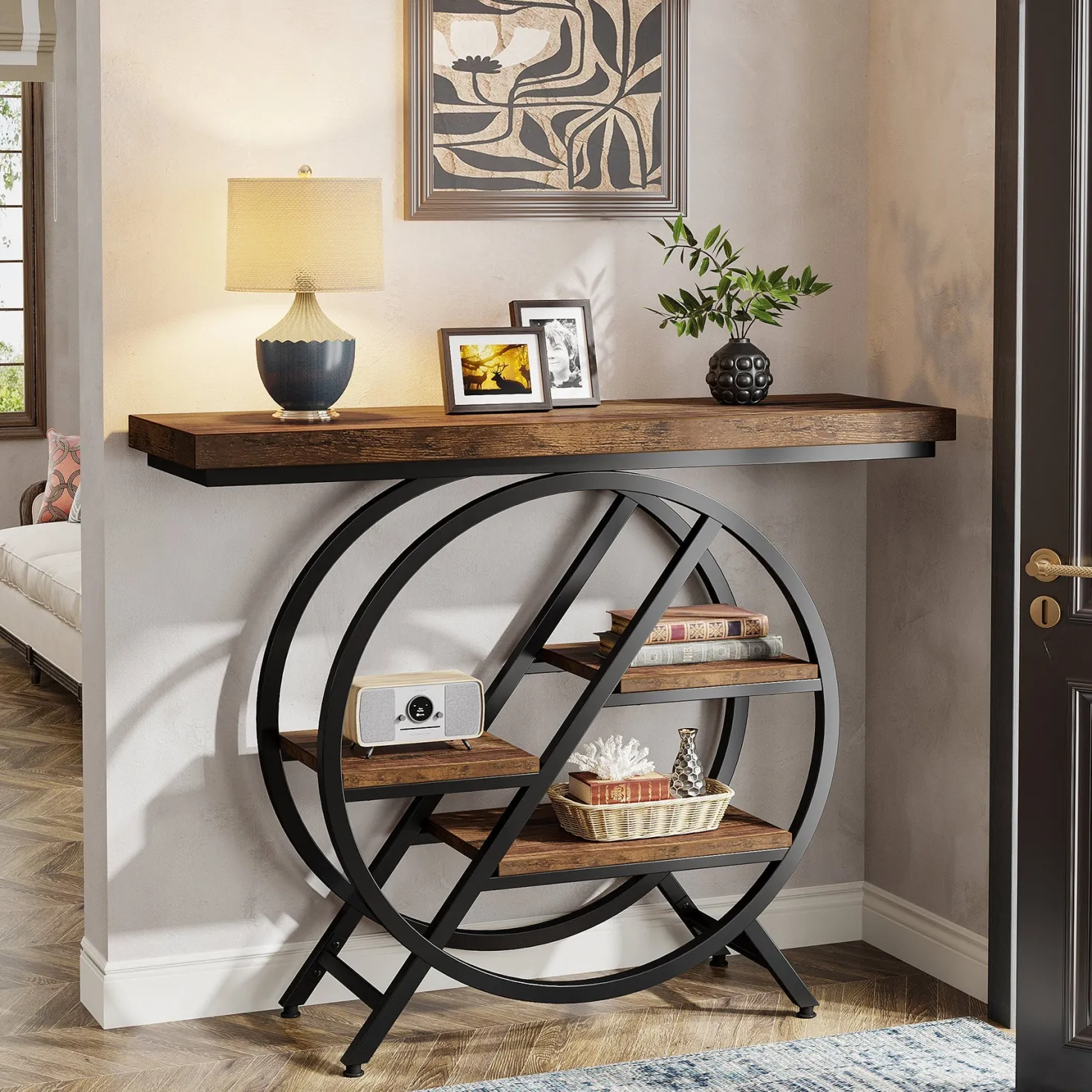 4-Tier Console Table, 39.4" Entryway Table with Geometric Metal Frame