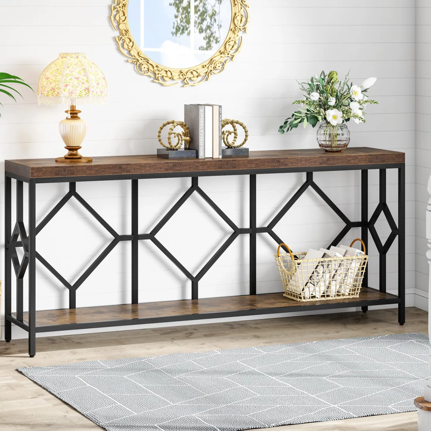 2-Tier Console Table, 71" Extra Long Sofa Table with Open Storage Shelf